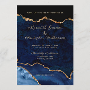 Blue Elegance Gold Glitter Agate Wedding Invitation