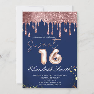 Blue Elegance,  Rose Gold Drips  Sweet Sixteen    Invitation