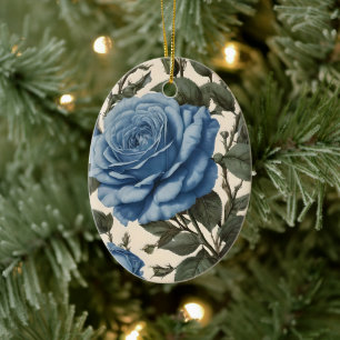 Blue Elegance: Vintage Provincial Roses in Bloom Ceramic Ornament