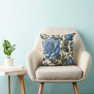 Blue Elegance: Vintage Provincial Roses in Bloom Cushion