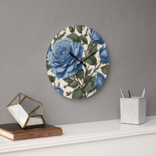 Blue Elegance: Vintage Provincial Roses in Bloom Large Clock