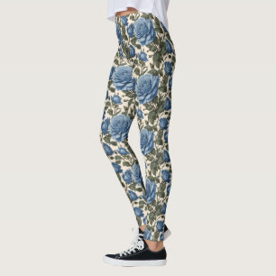 Blue Elegance: Vintage Provincial Roses in Bloom Leggings