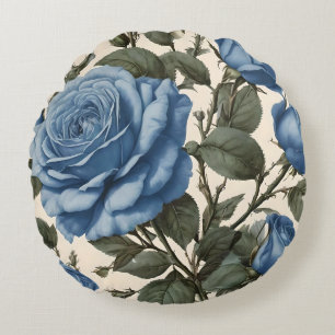 Blue Elegance: Vintage Provincial Roses in Bloom Round Cushion
