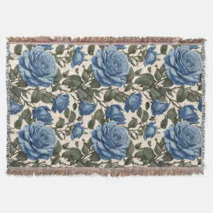 Blue Elegance: Vintage Provincial Roses in Bloom Throw Blanket