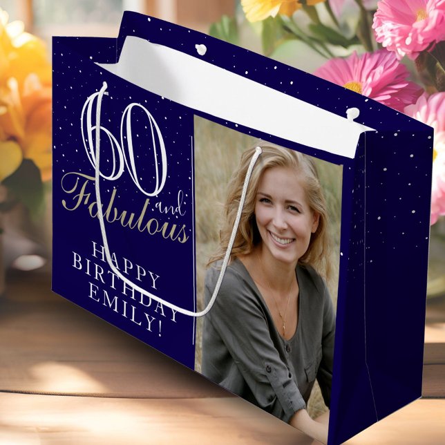 Blue Elegant 60 and Fabulous 60th Birthday Photo Large Gift Bag (Creator Uploaded)