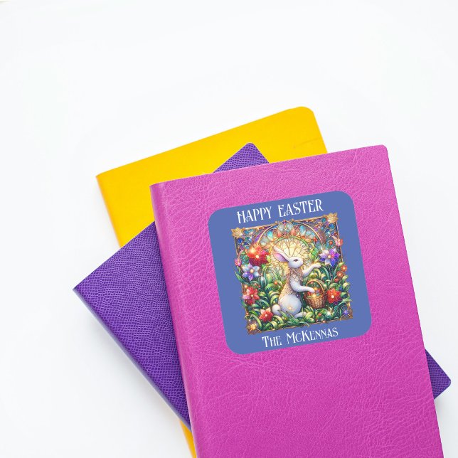 Blue Elegant Art Nouveau Bunny Garden Easter Square Sticker (Creator Uploaded)