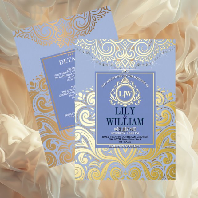 Blue Elegant Artdeco Diamond Monogram Wedding Gold (Luxurious Elegant Classic Boho Wedding Invitation - Real Foil and Monogram)