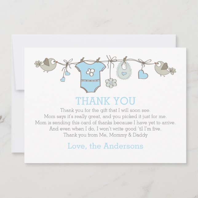 Blue elegant babyboy clothes thank you BABY SHOWER Card (Front)