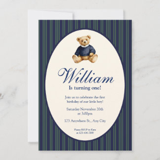 Blue Elegant Babys First Birthday Teddy Bear Invit Invitation