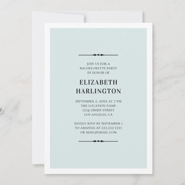 Blue elegant bachelorette party. Simple modern Invitation (Front)