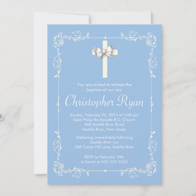 Blue Elegant Baptism | Christening Elegant Cross Invitation (Front)