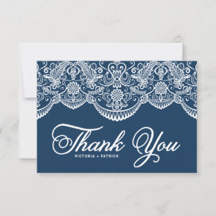 Blue Elegant Botanical Brocade Lace Wedding Thank You Card