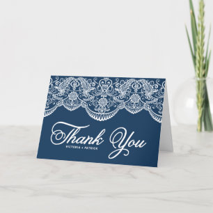 Blue Elegant Botanical Brocade Lace Wedding Thank You Card