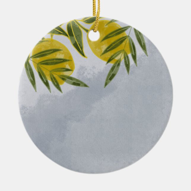 Blue Elegant Botanical Lemon Ceramic Ornament (Front)