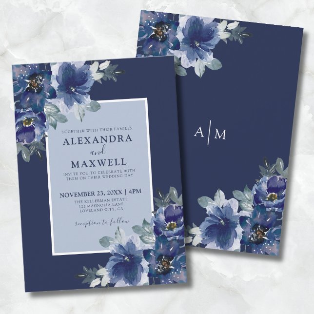 Blue Elegant Botanical Watercolor Floral Wedding Invitation (Blue Elegant Botanical Watercolor Floral Wedding Invitation)