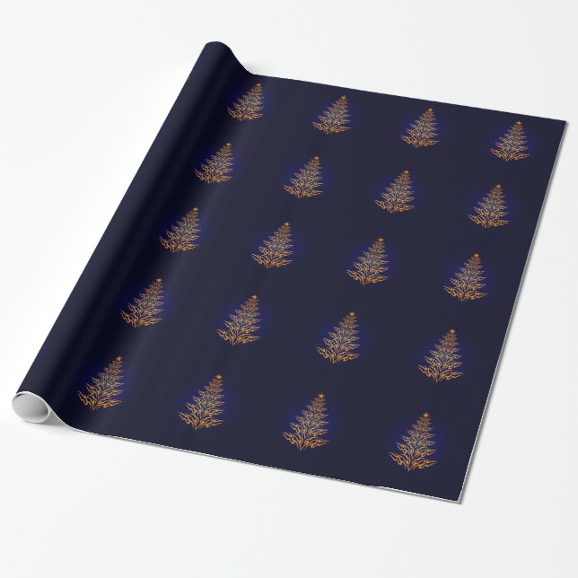 Blue Elegant Christmas Tree Wrapping Paper (Unrolled)