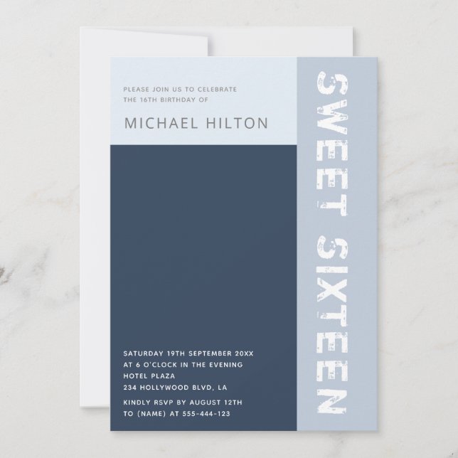 Blue elegant colour block boy sweet sixteen  invit invitation (Front)