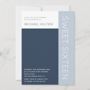 Blue elegant colour block boy sweet sixteen  invitation