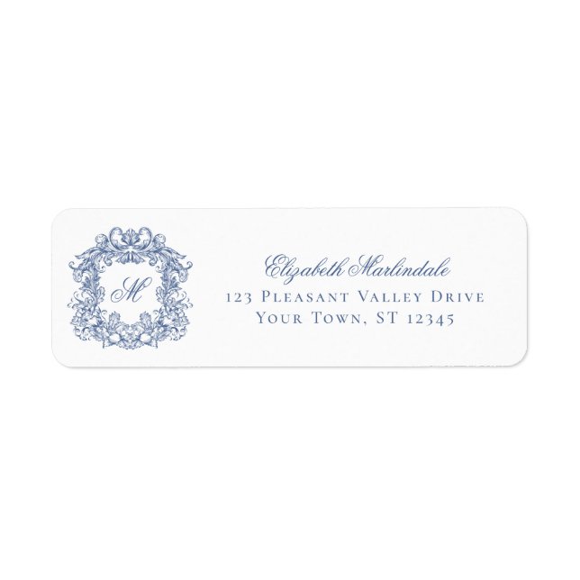 Blue Elegant Crest Monogram Wedding Return Address Label (Front)