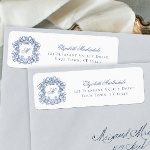 Blue Elegant Crest Monogram Wedding Return Address Label