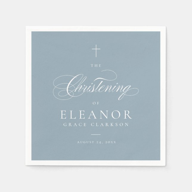 Blue Elegant Cross Script Calligraphy Christening Napkin (Front)