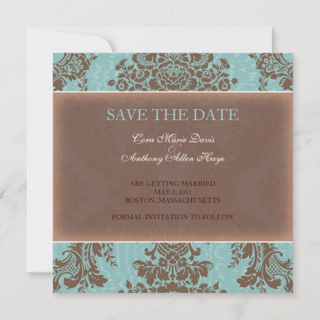 Blue elegant damask save the date (Front)