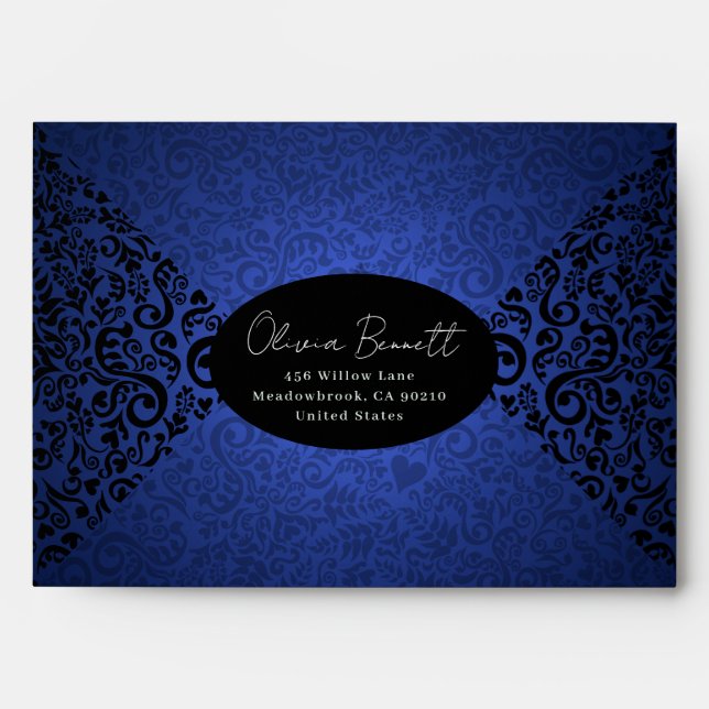 Blue Elegant Dark Damask Pattern Envelope (Front)