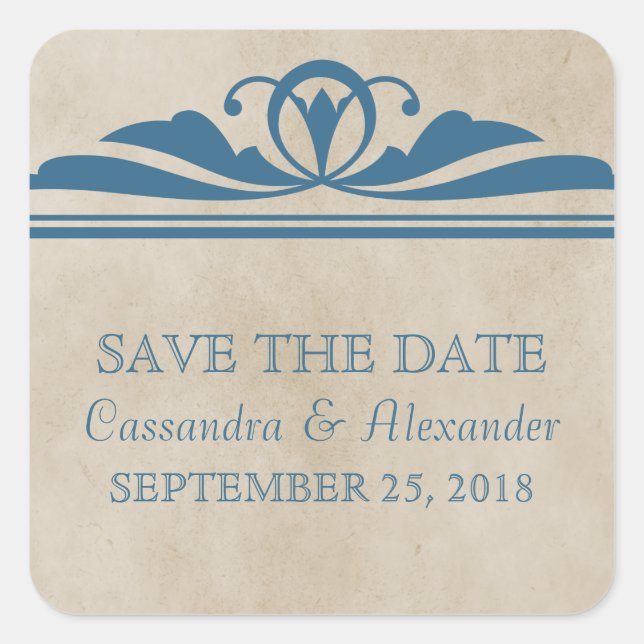 Blue Elegant Deco Save the Date Stickers (Front)