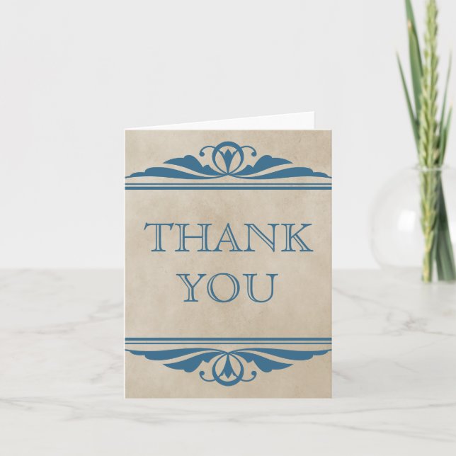 Blue Elegant Deco Thank You Card (Front)