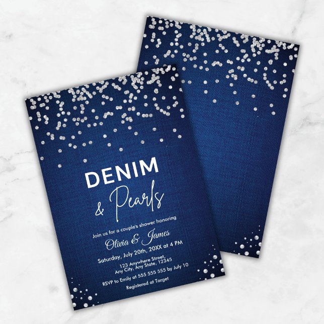 Blue Elegant Denim and Pearls Couple's Shower  Invitation (Blue Elegant Denim and Pearls Couple's Shower Invitation     )