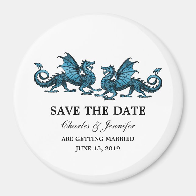 Blue Elegant Dragons Save the Date Magnet (Front)