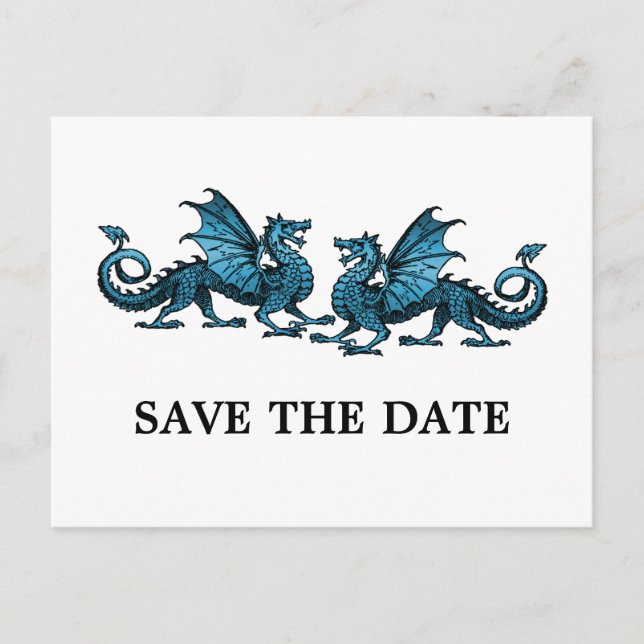 Blue Elegant Dragons Save the Date Postcard (Front)