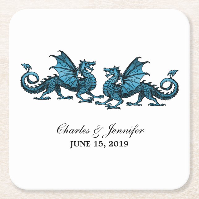 Blue Elegant Dragons Wedding Paper Coasters (Front)