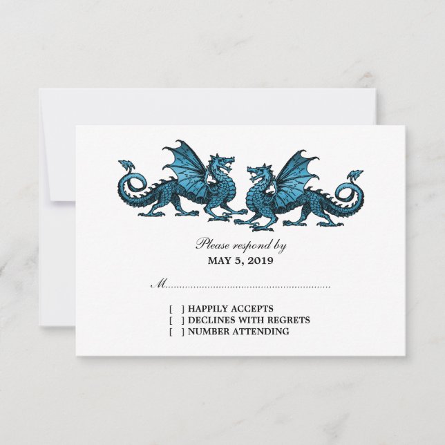 Blue Elegant Dragons Wedding Response Card (Front)