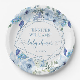 Blue elegant floral baby boy shower paper plates