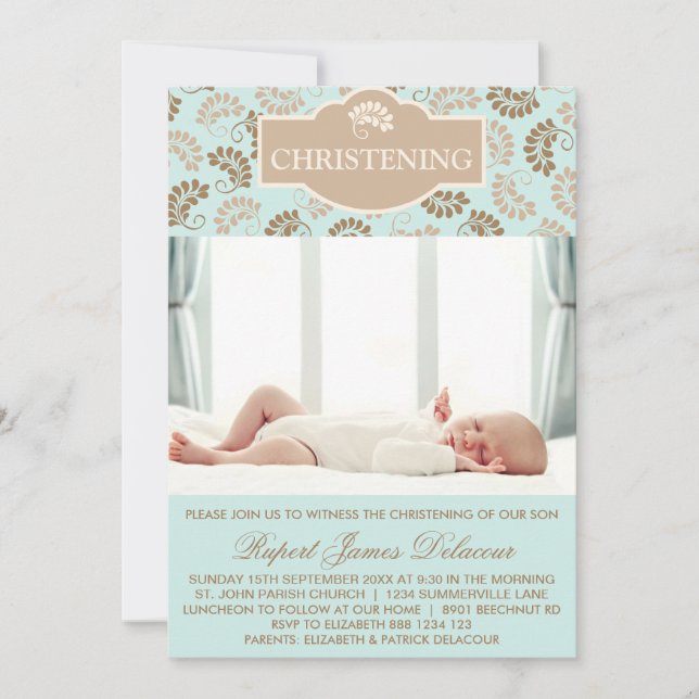 Blue Elegant Floral Christening Photo invitation (Front)