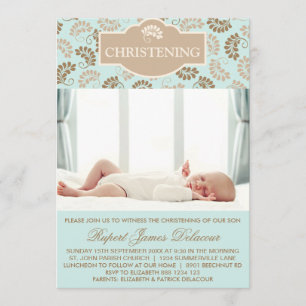 Blue Elegant Floral Christening Photo invitation