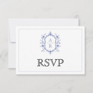 Blue elegant floral crest monogram QR code wedding RSVP Card