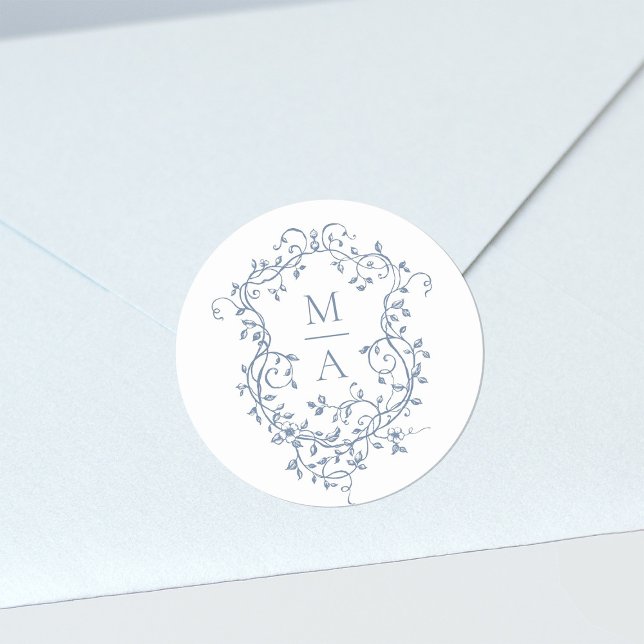 Blue Elegant Floral Crest Monograms Classic Round Sticker (Creator Uploaded)