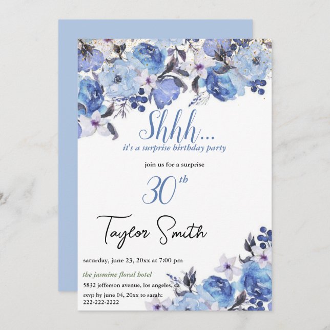 blue  elegant Floral Surprise Party Invite (Front/Back)