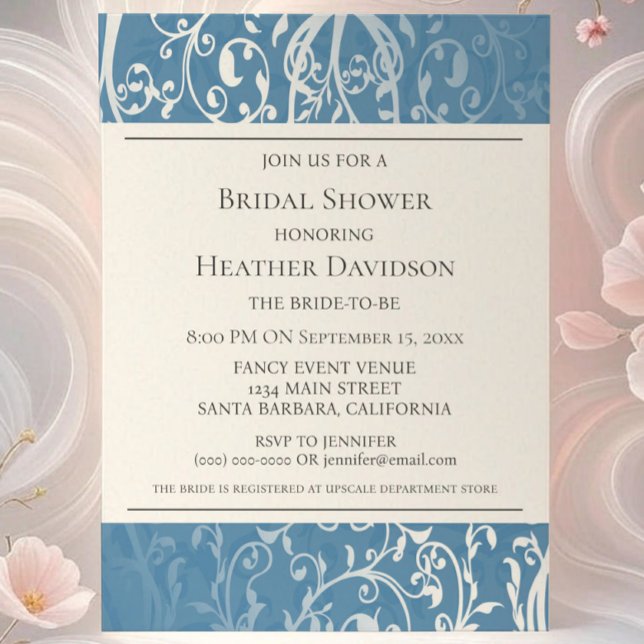 Blue Elegant Flourish Bridal Shower Invite (Blue Elegant Flourish Bridal Shower Invite)