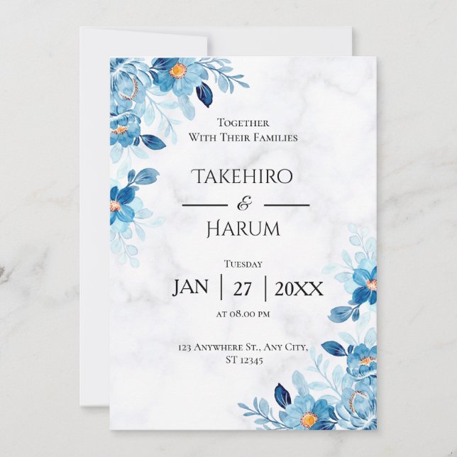 Blue Elegant flower summer wedding Invitation (Front)