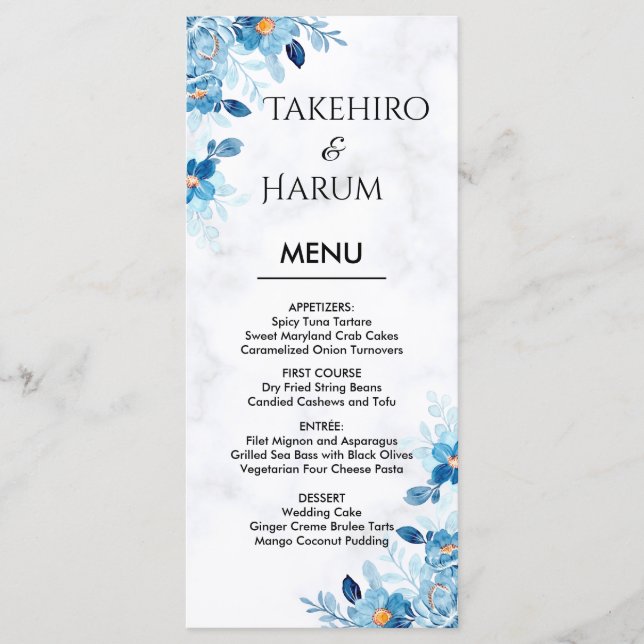 Blue Elegant flower summer wedding Menu (Front)