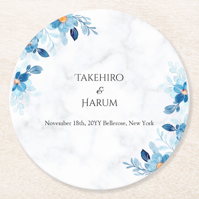 Blue Elegant flower summer wedding Round Paper Coaster (Front)