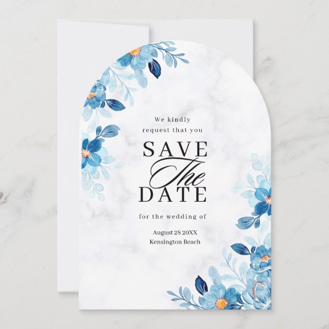 Blue Elegant flower summer wedding Save The Date (Front)
