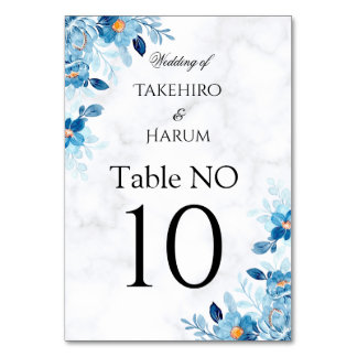 Blue Elegant flower summer wedding Table Number