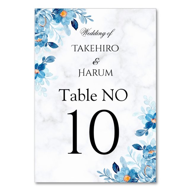 Blue Elegant flower summer wedding Table Number (Front)
