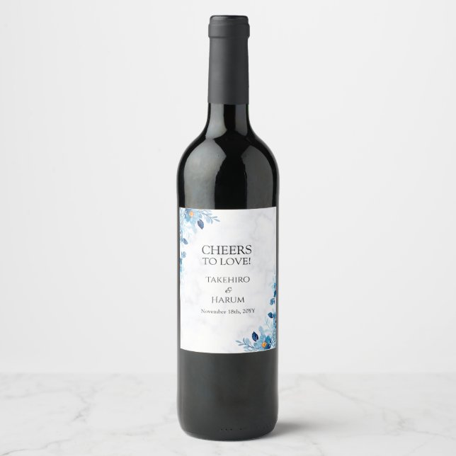 Blue Elegant flower summer wedding Wine Label (Front)