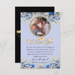 Blue Elegant Flowers Photo Wife Anniversary Card