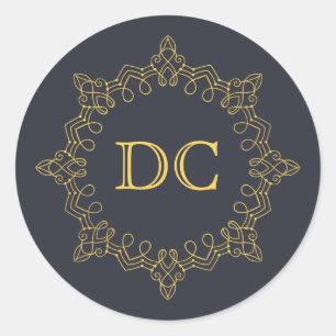 Blue Elegant Gold Design Monogram Classic Round Sticker